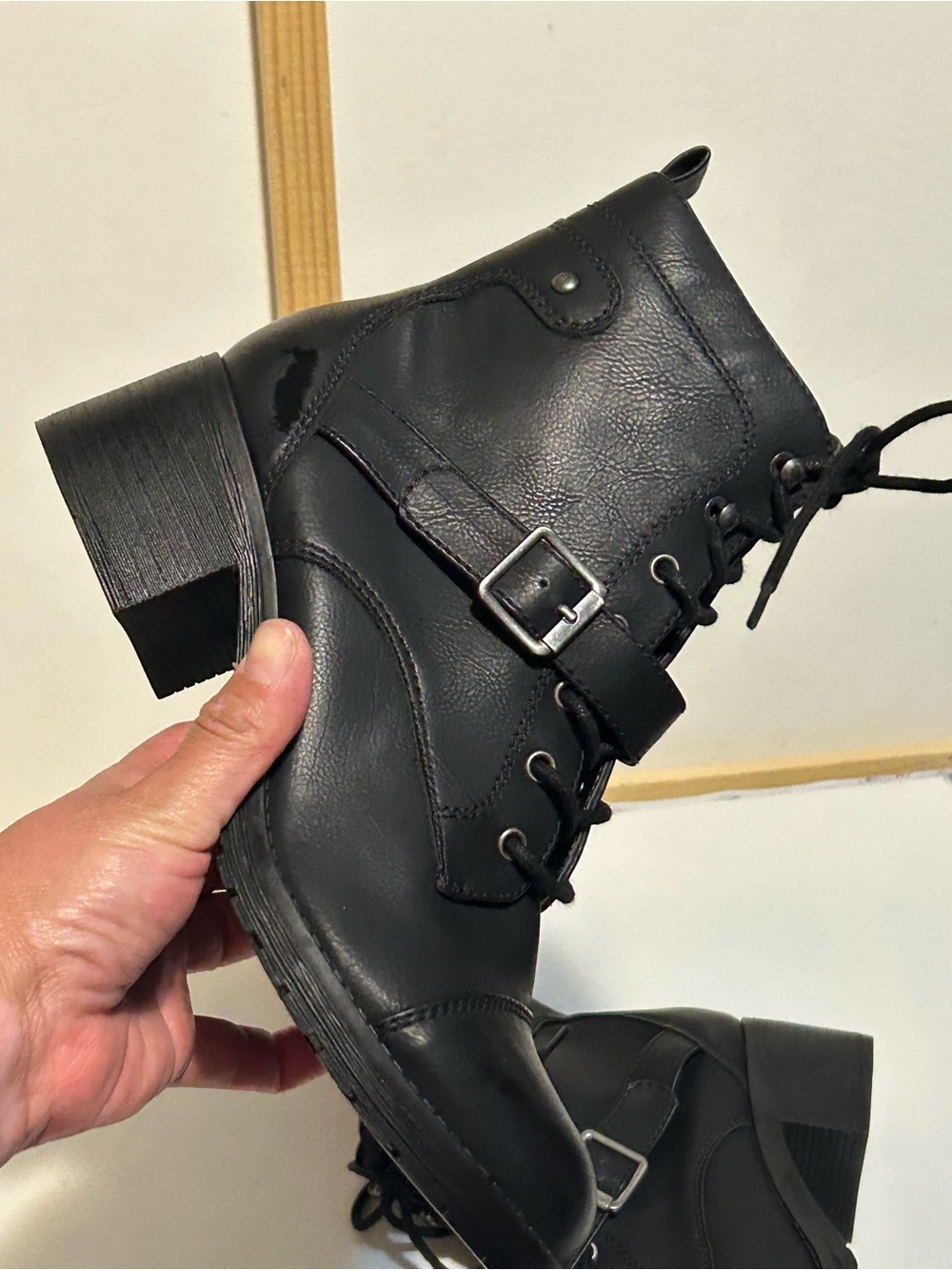 Women's Black Lace-Up Combat Boots with Buckle - Picture 5 of 9